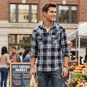 Aeropostale Men’s M Blue Gray & White Plaid Long Sleeve Shirt Pearl Snap Closure